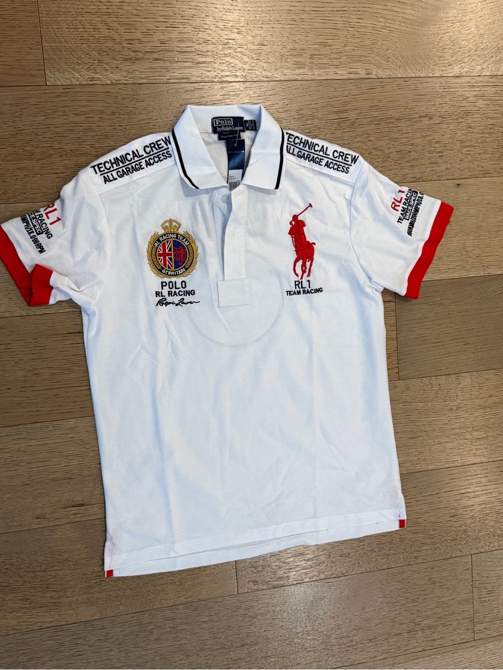 Vintage Polo Ralph Lauren White & Red RL1 Team Racing Polo Shirt Size Medium